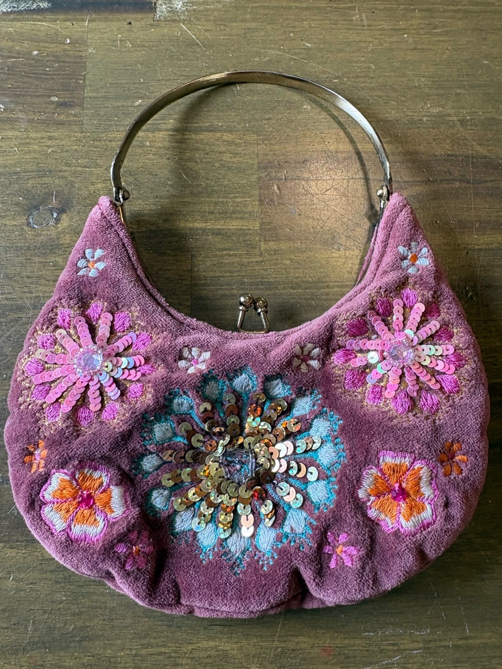 Y2K Beaded Mini Purse Floral Embroidery Velvet Arch Kiss Lock Boho Whimsigoth